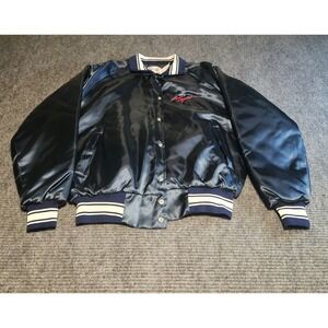 Vintage Designer Pro Las Vegas Satin Bomber Jacket Navy Blue Quilt Lined Large